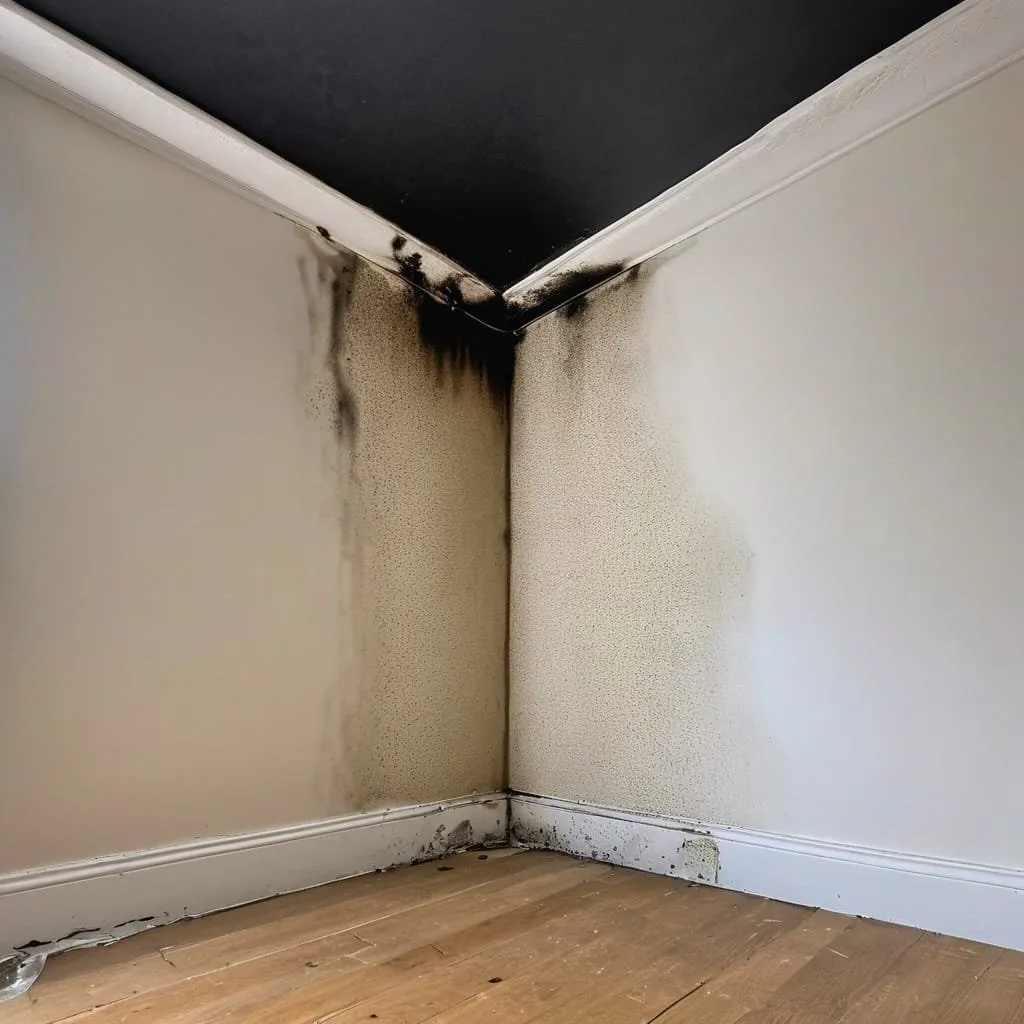 Dark mould on an upper wall corner beside ceiling trim