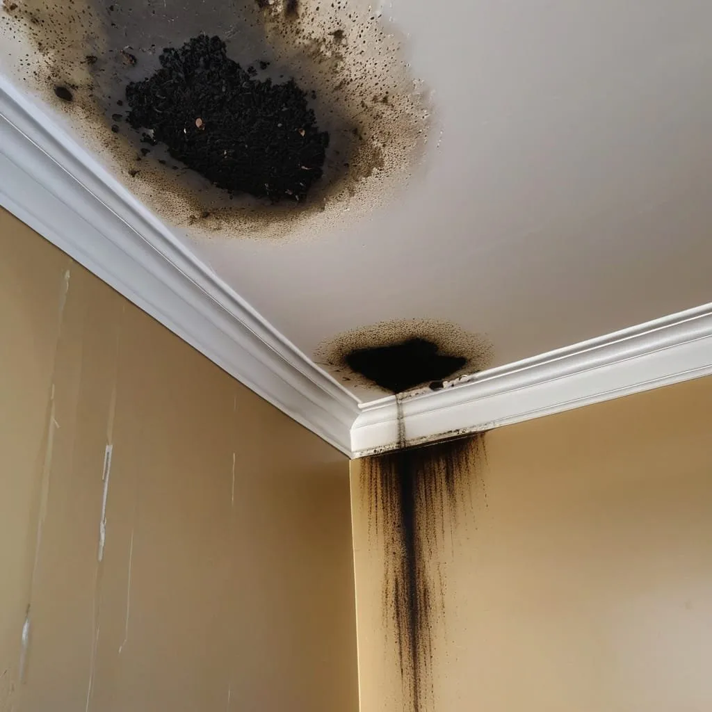 Mould patches on a ceiling and the adjoining upper wall