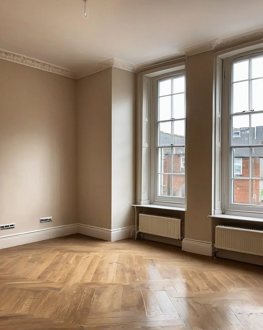 Interior room with tall windows and exposed painted walls