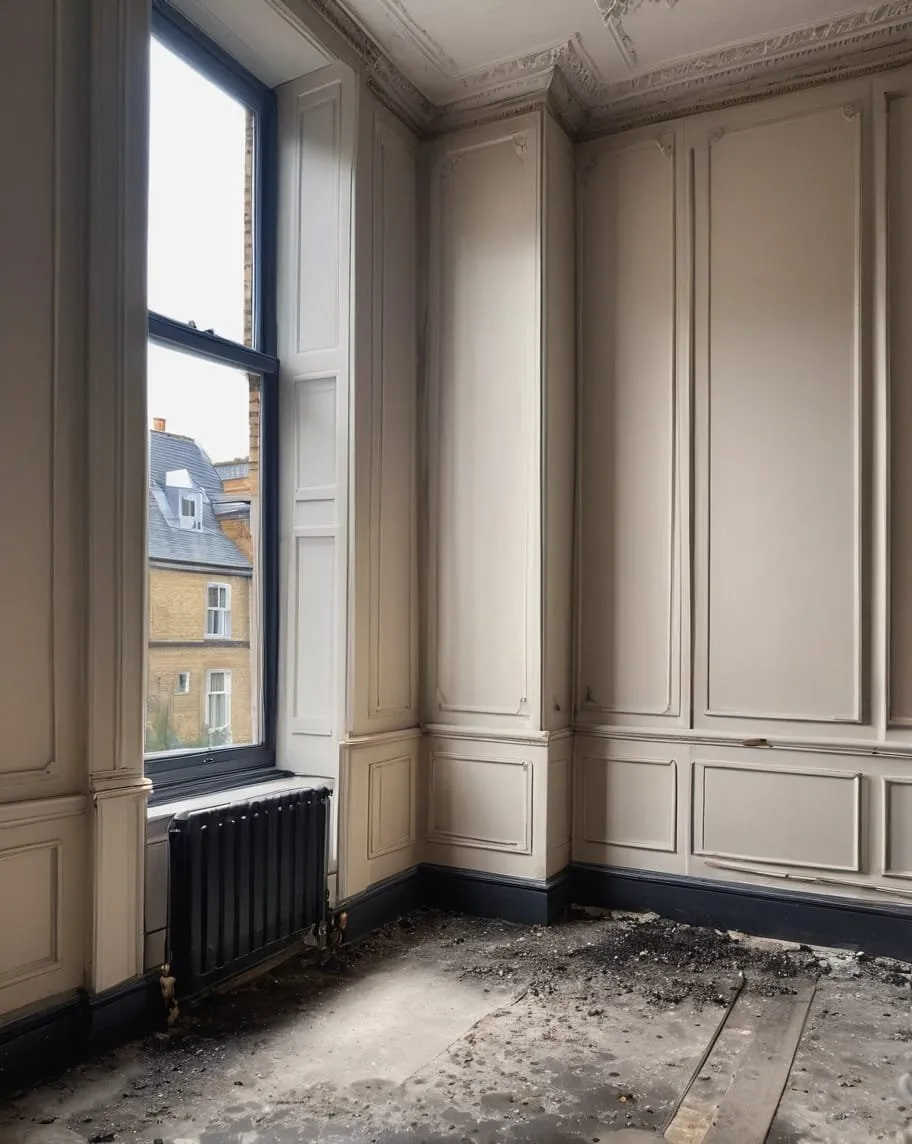 Painted wall panelling and a window inside a property