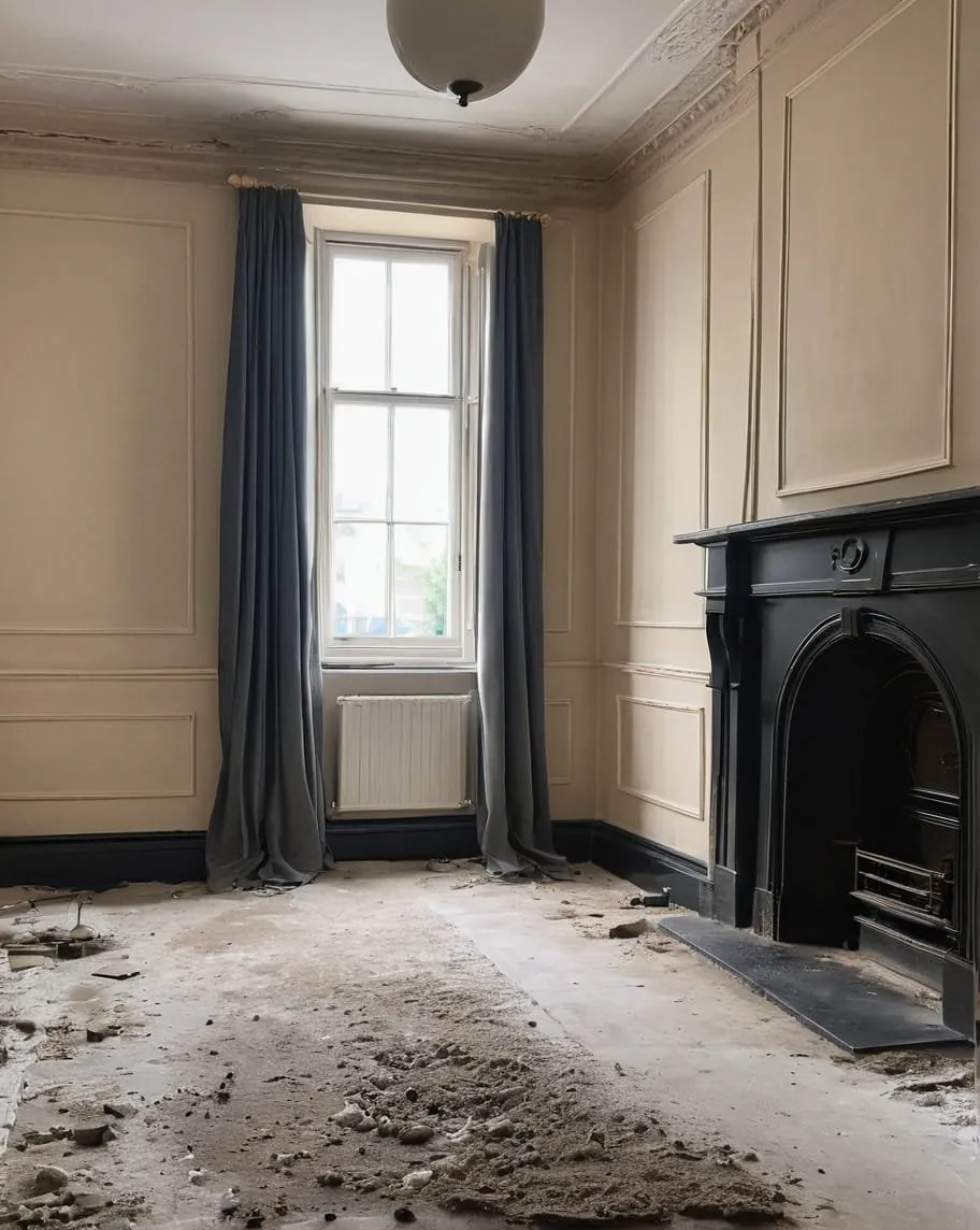 Room with a fireplace, a tall window and debris on the floor