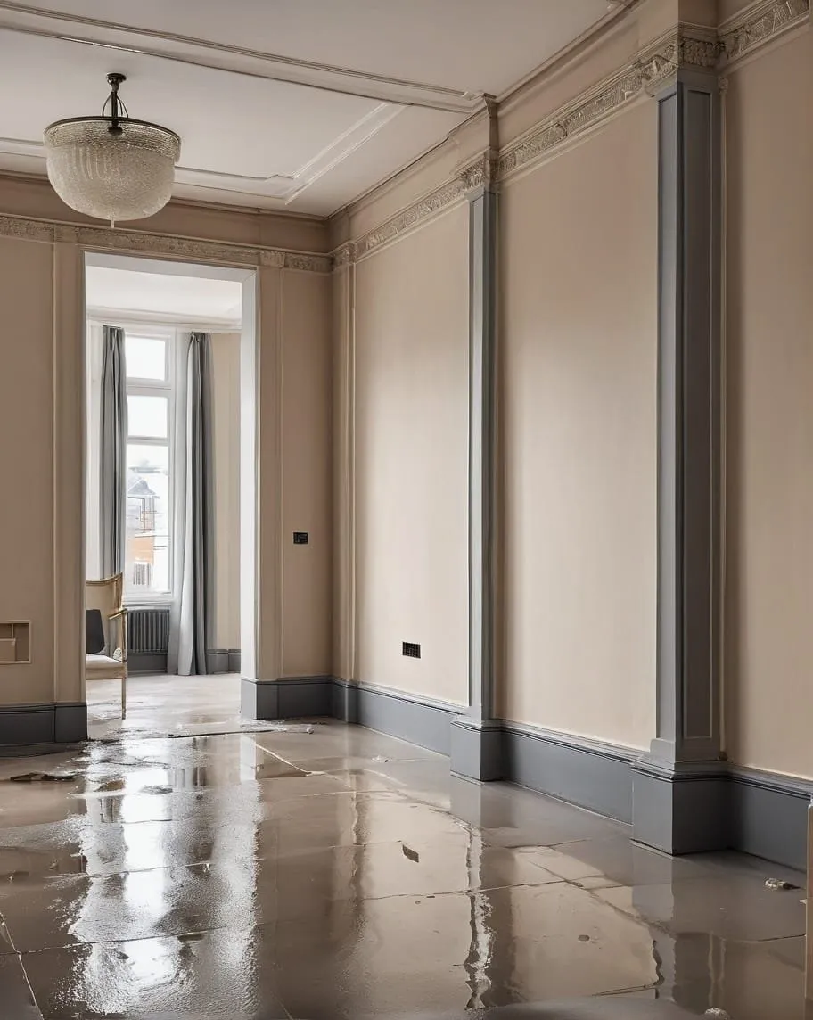 Water across a tiled floor in a room with decorative wall trim