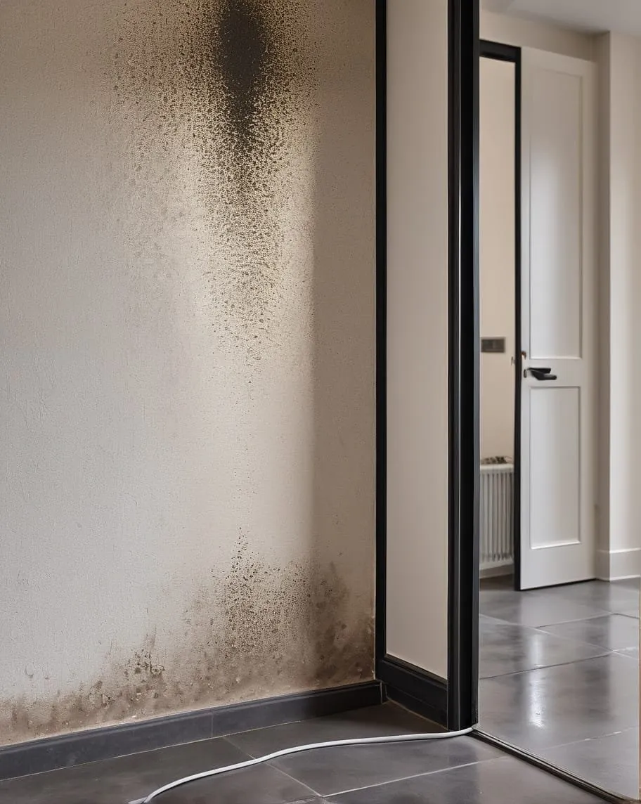 Marks on a lower wall beside an interior doorway