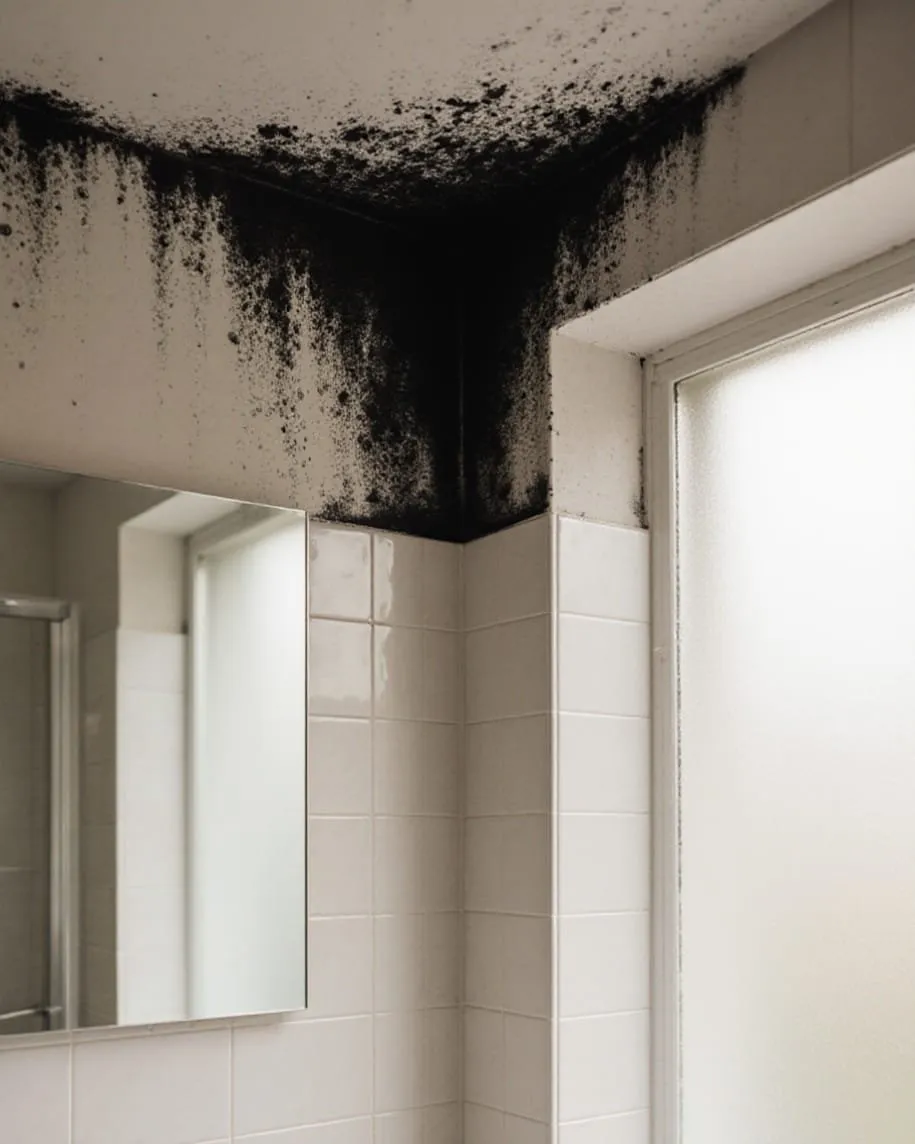 Dark mould above bathroom wall tiles beside a window