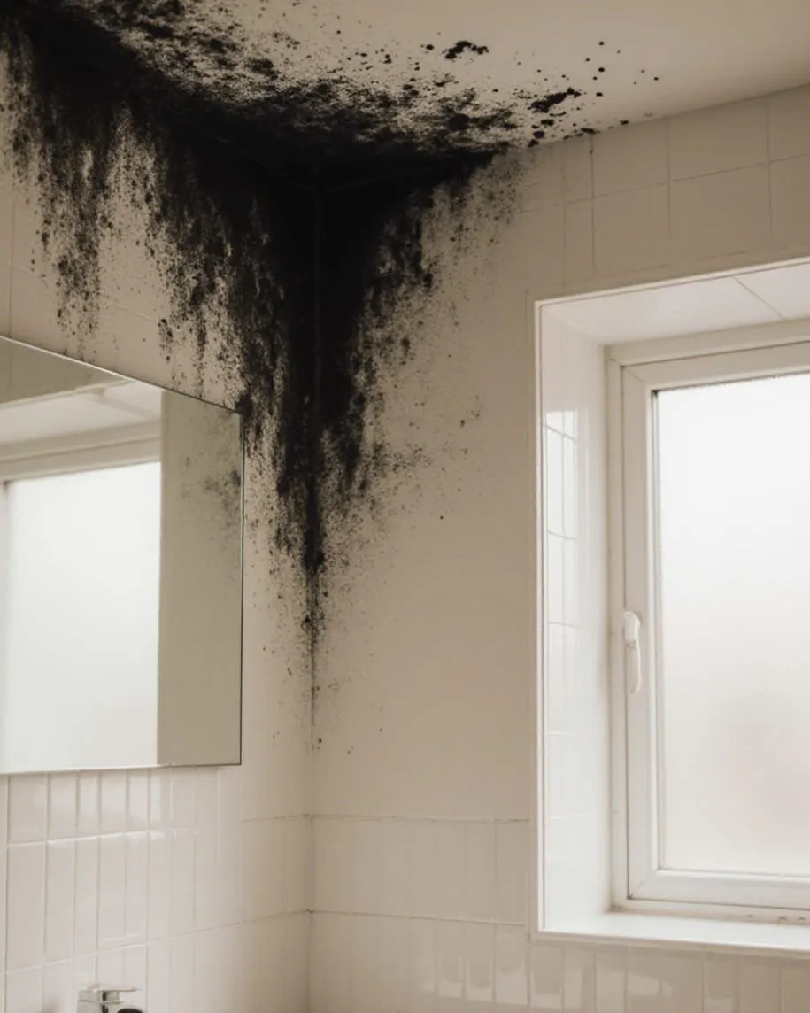 Mould across an upper bathroom wall and ceiling corner