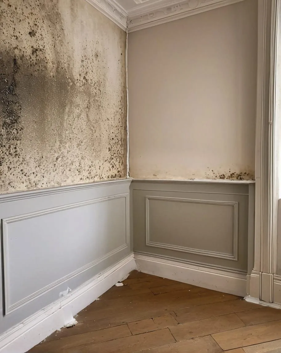 Mould patches above interior wall panelling