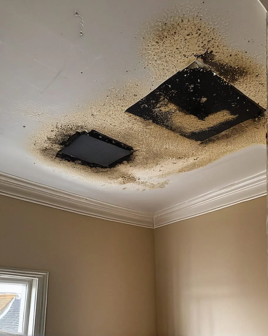 Dark mould surrounding two square ceiling fittings