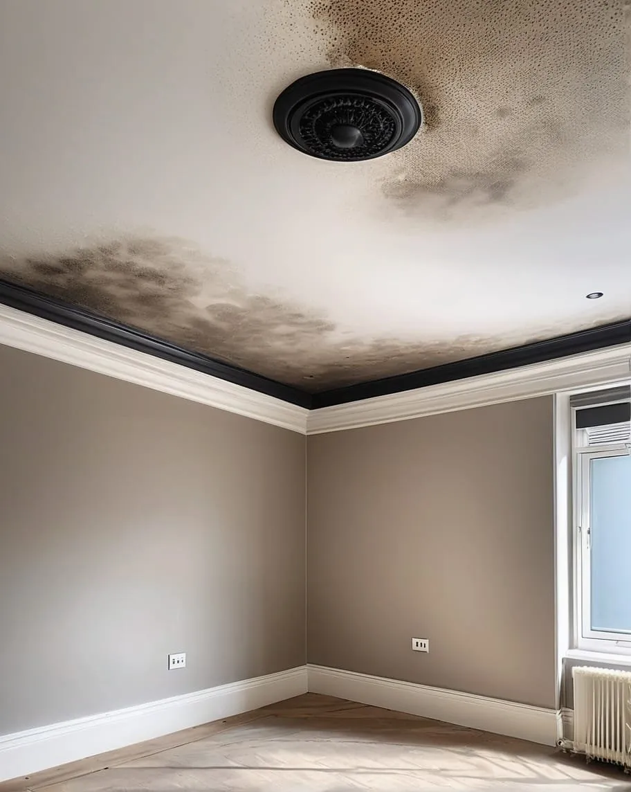 Discoloured ceiling surface beside decorative trim