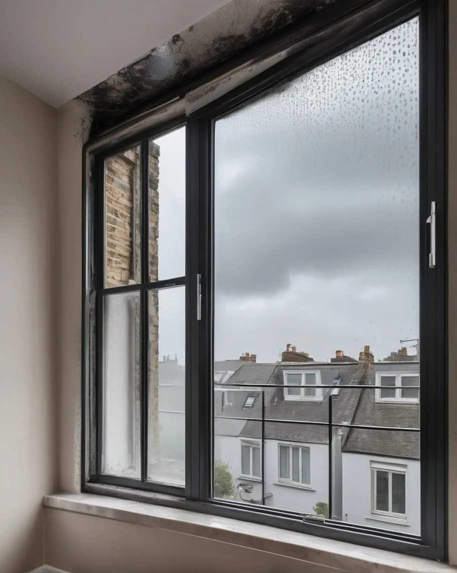 Dark mould above a black-framed window with droplets on the glass
