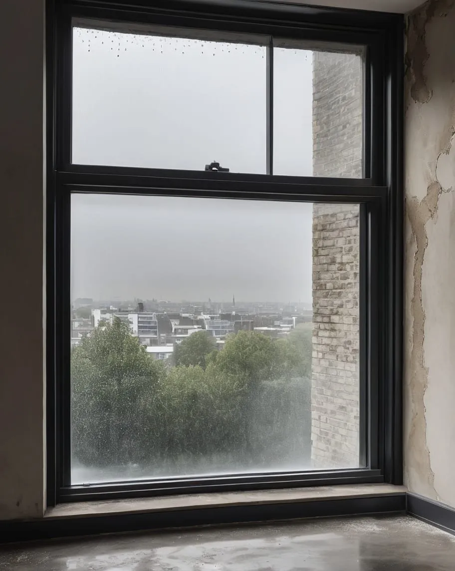 Window glazing with visible condensation