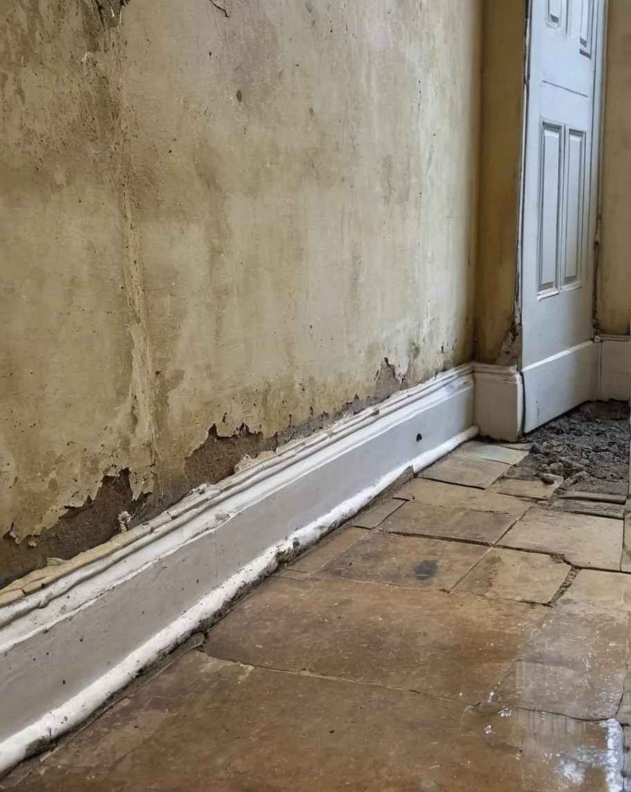 Damaged lower wall finish above a skirting board