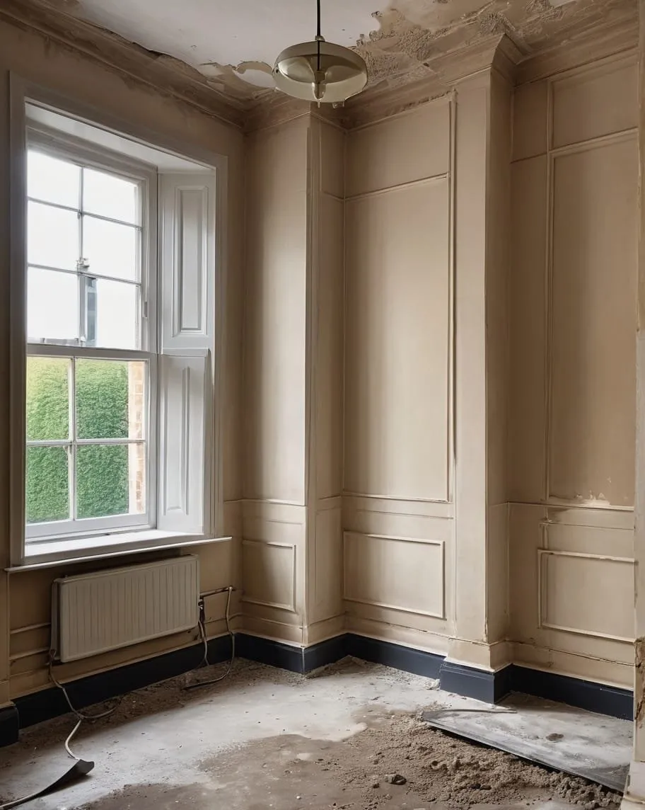 Interior wall surfaces beside a tall window