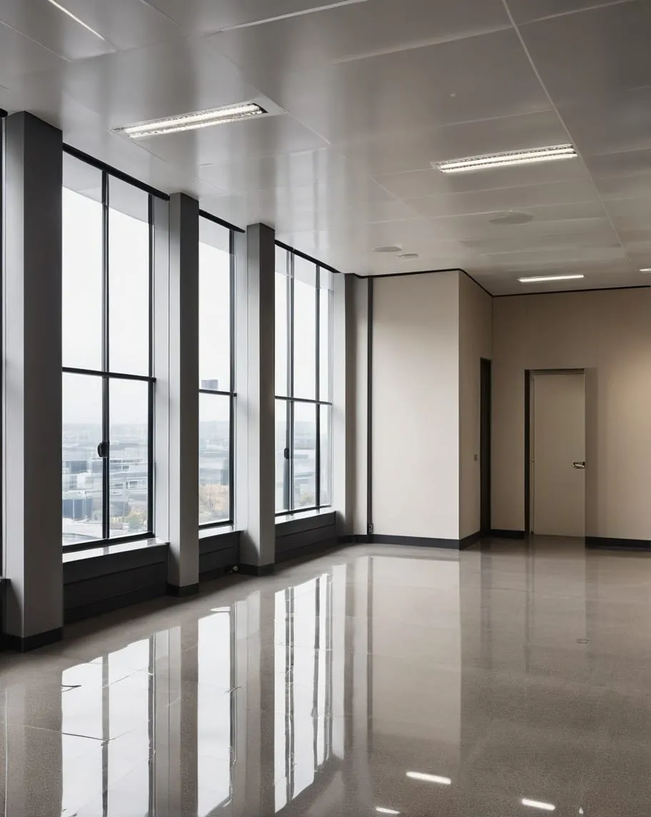 Commercial interior with glazed walls and a tiled floor